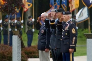 Soldiers saluting during remembrance ceremony.